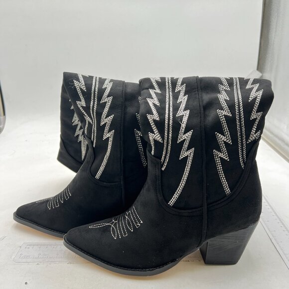 FOWT Black Pointed Toe Knee High Boots Chunky High Heel Embroidery Cowboy Boots - Picture 4 of 8